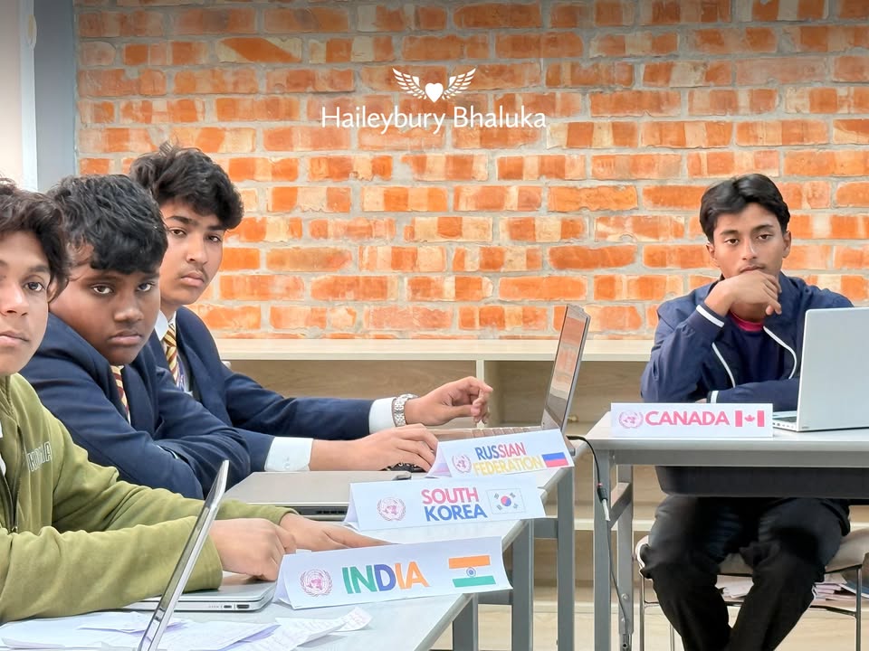 Students at Haileybury Bhaluka engaged in Model United Nations debate and discussion