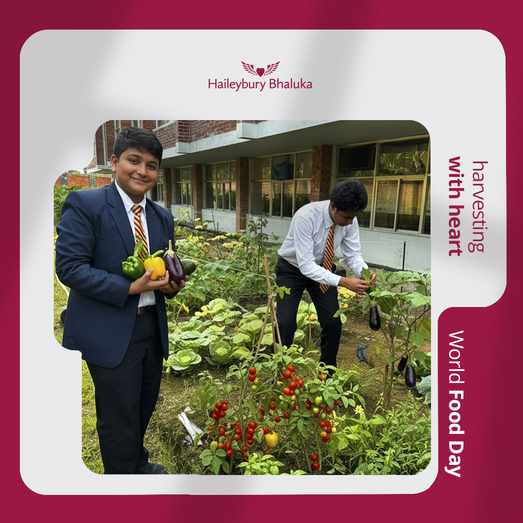 Haileybury Bhaluka students harvesting and preparing vegetables from the school garden for World Food Day